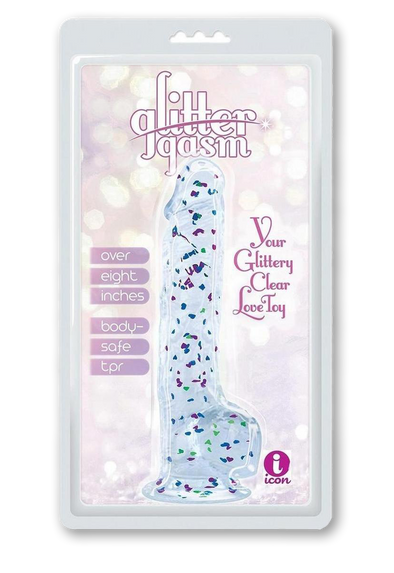 Glittergasm Realistic Clear Dildo with Balls and Suction Cup - Blue/Purple/Violet Glitter