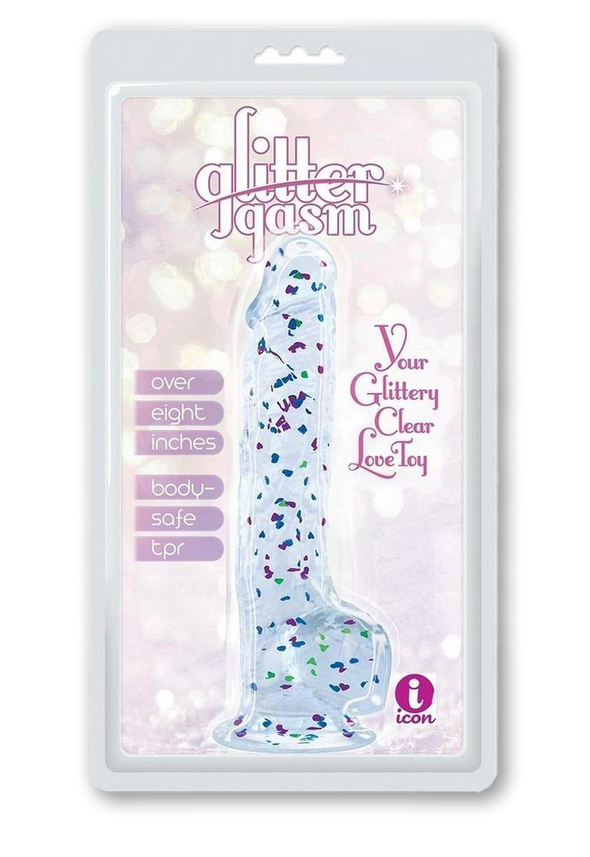 Glittergasm Realistic Clear Dildo with Balls and Suction Cup - Blue/Purple/Violet Glitter