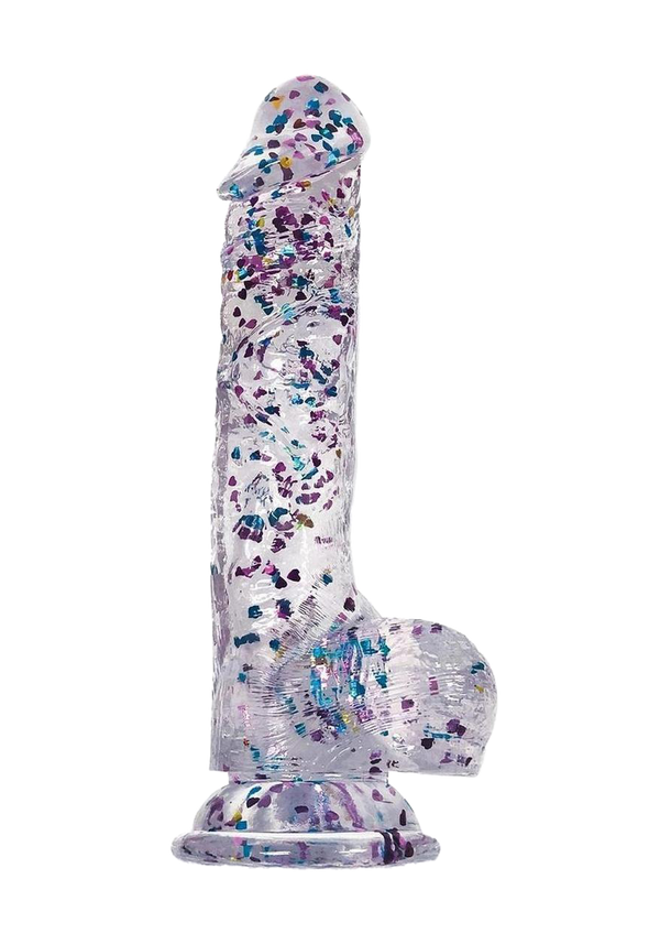 Glittergasm Swirl Clear Dildo with Suction Cup - Blue/Purple/Violet Glitter