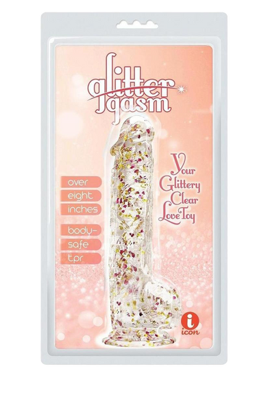 Glittergasm Realistic Clear Dildo with Balls and Suction Cup - Red/Orange/Golden Glitter