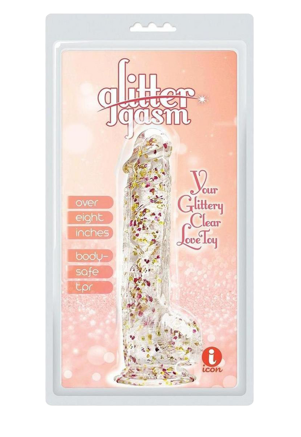 Glittergasm Realistic Clear Dildo with Balls and Suction Cup - Red/Orange/Golden Glitter