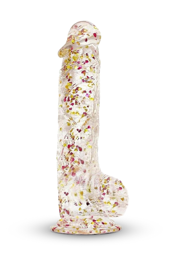 Glittergasm Realistic Clear Dildo with Balls and Suction Cup - Red/Orange/Golden Glitter