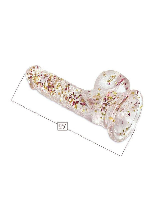 Glittergasm Realistic Clear Dildo with Balls and Suction Cup - Red/Orange/Golden Glitter