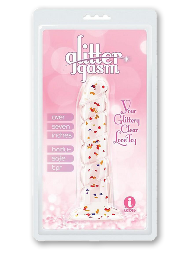 Glittergasm Swirl Clear Dildo with Suction Cup - Orange/Red/Golden Glitter