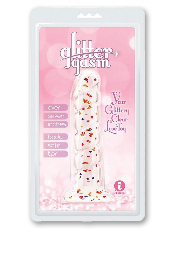 Glittergasm Swirl Clear Dildo with Suction Cup - Orange/Red/Golden Glitter