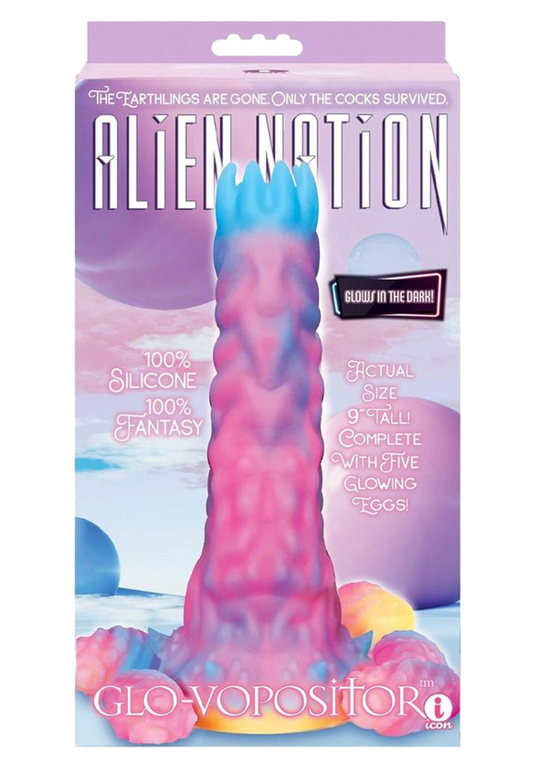 Alien Nation Glo-Vopositor Silicone Glow in the Dark Dildo with Eggs - Pink/Blue